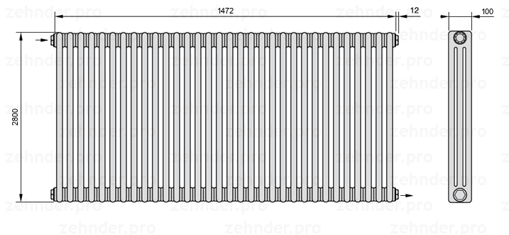 Схема (чертеж) Радиатор Zehnder Charleston 3280/32 №1670 Белый глянцевый RAL 9016